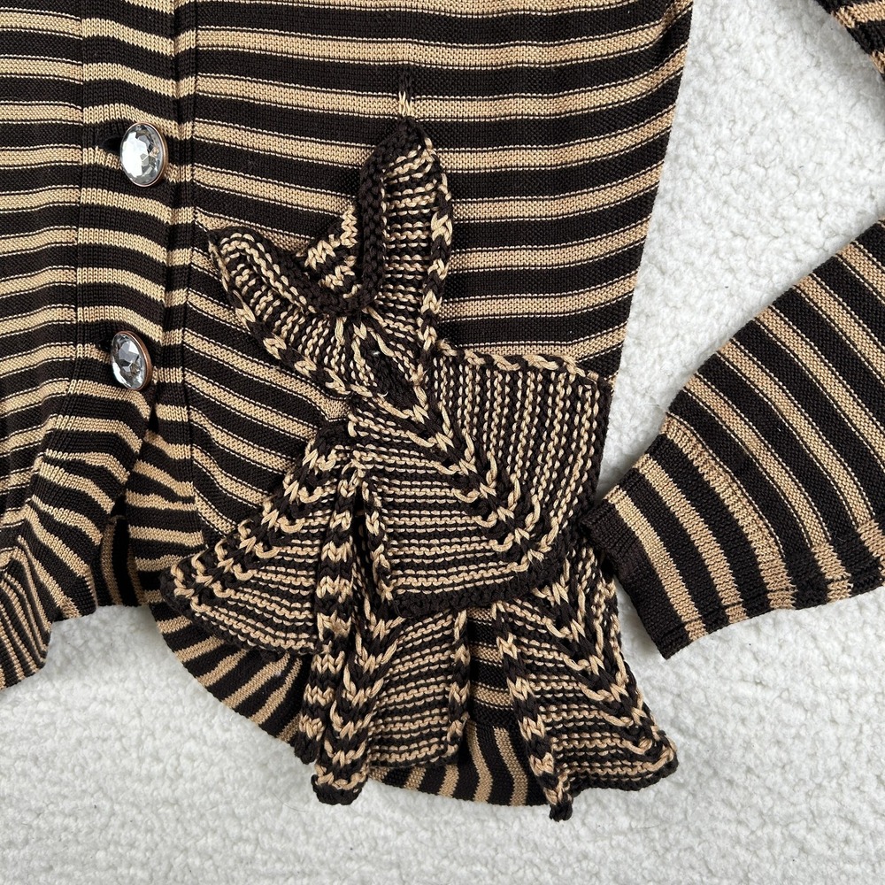 Vtg Carlisle Cardigan Sweater Womens Large Stripe Ruffle Rhinestone Button Y2K - Picture 4 of 11
